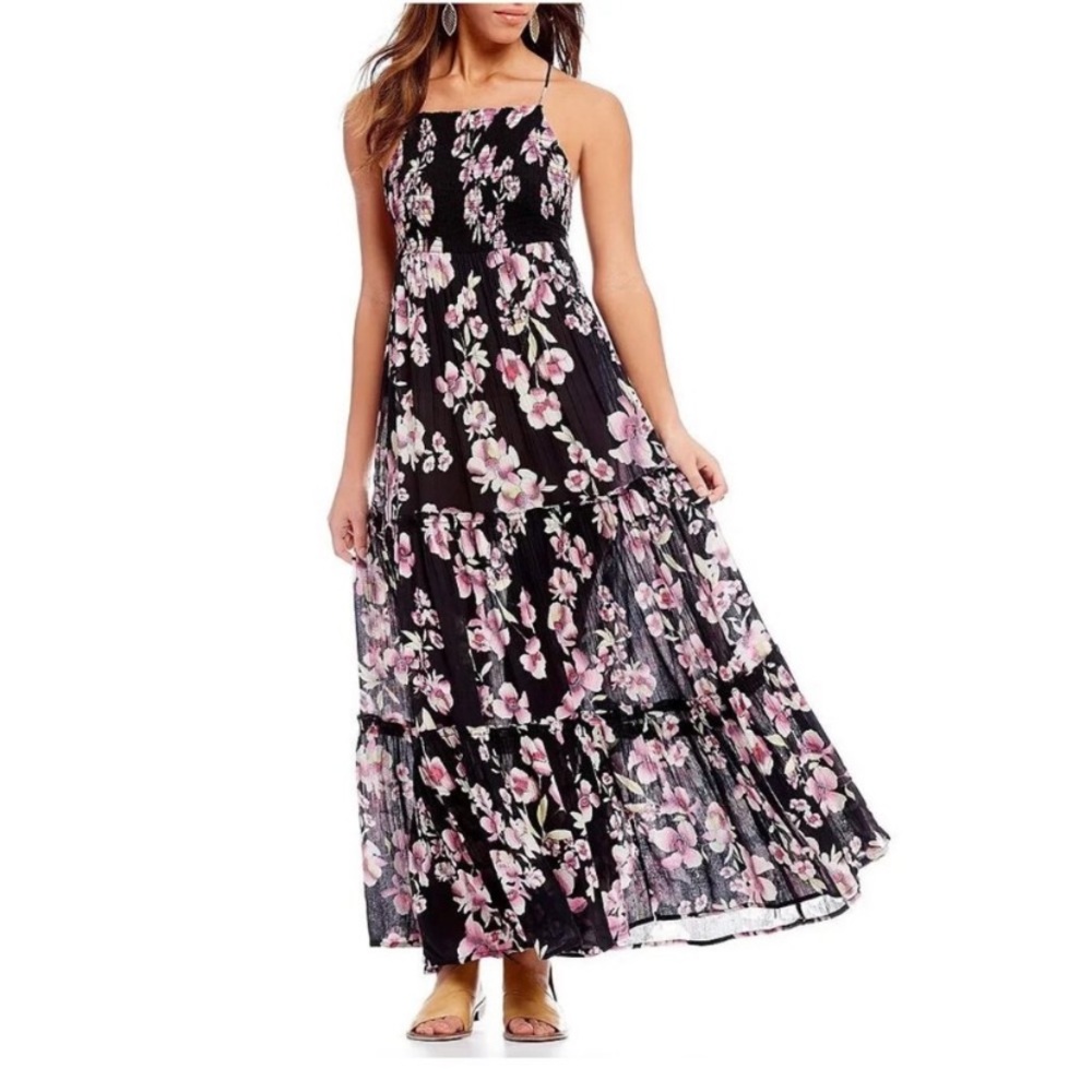 Free People Intimately Black and Pink Garden Party Floral Tiered Maxi Dress XS